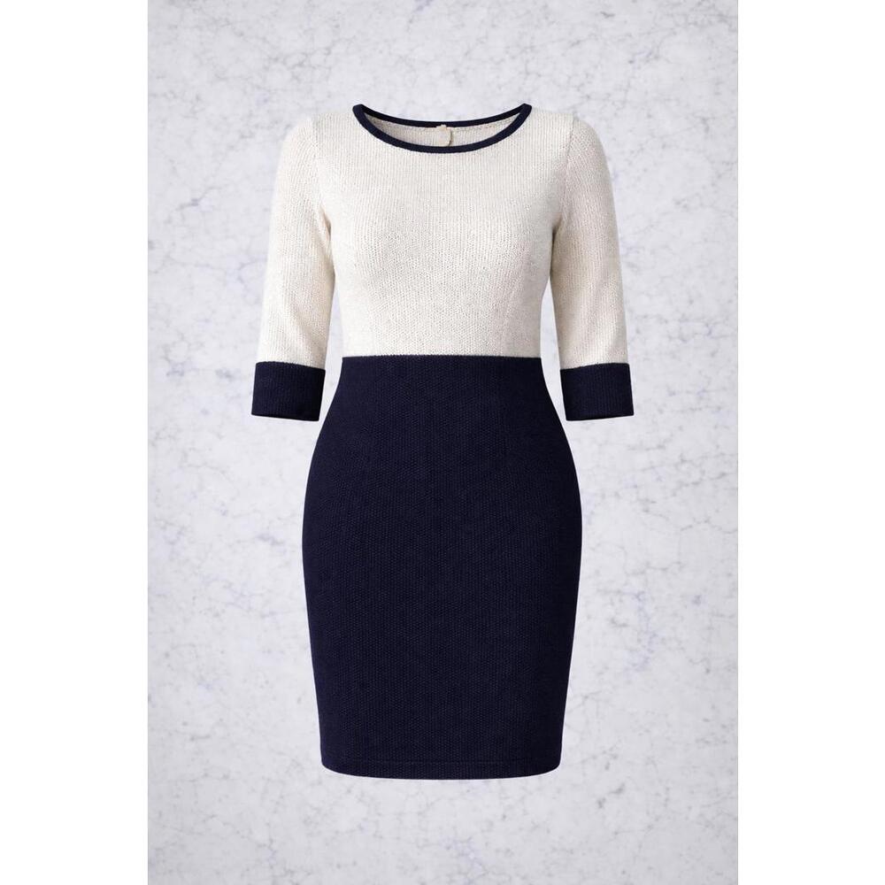 St Johns Collection White Navy Knit Dress Career Classic Office Capsule Sz10